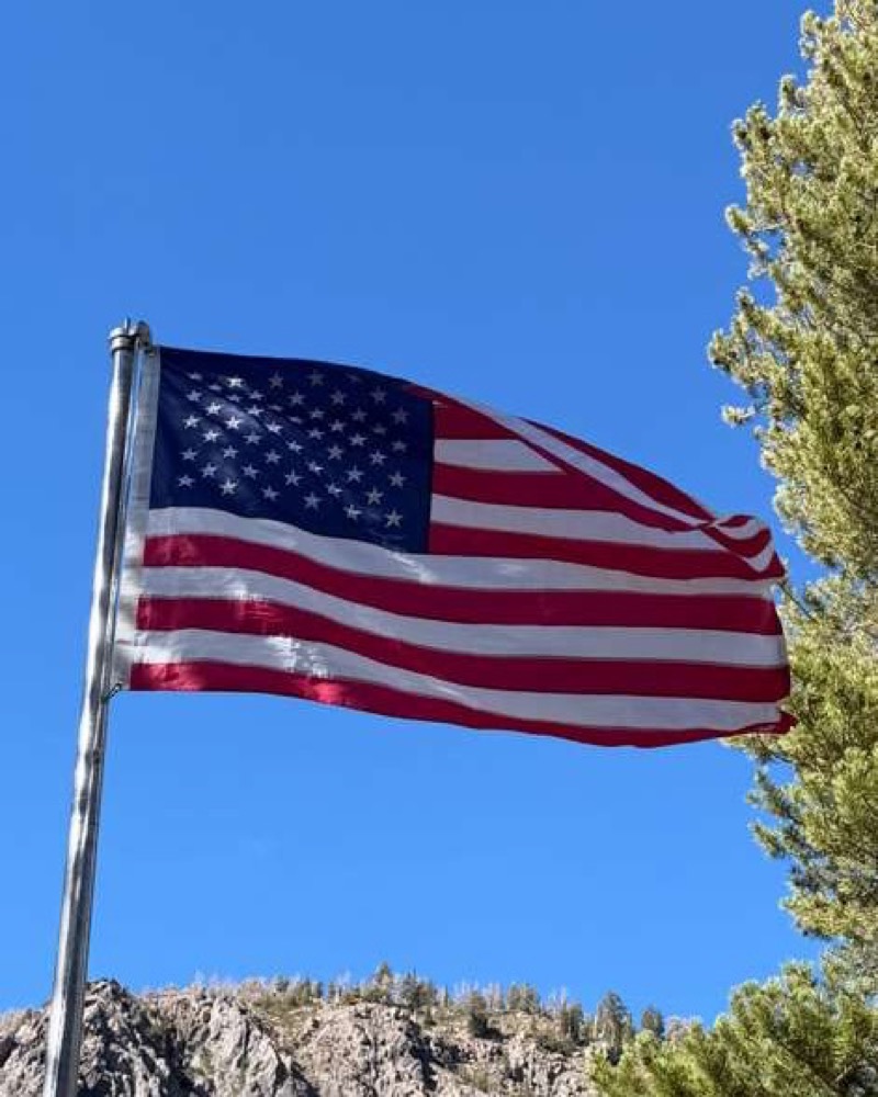 American flag waving against a blue sky with mountains and pine trees behind it